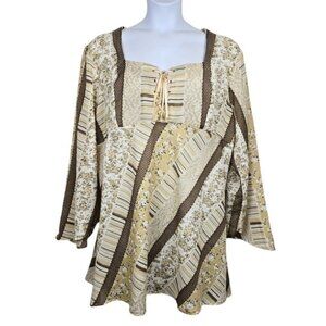 Carolina Bay Womens Flare Sleeve Ivory Brown Floral Print Lace Up Blouse Size 3X